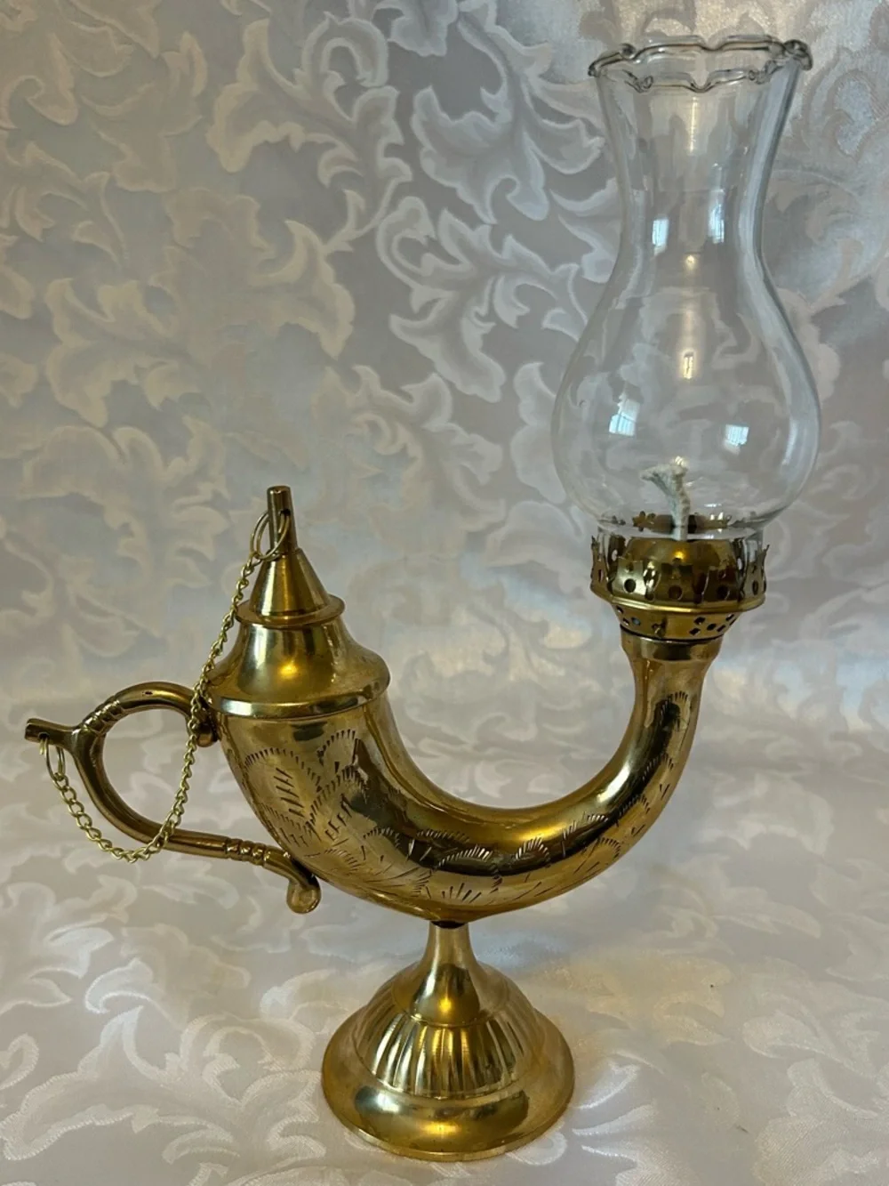 Vintage Etched Brass Genie Oil Lamp, Made In India, 10.5 Inches High